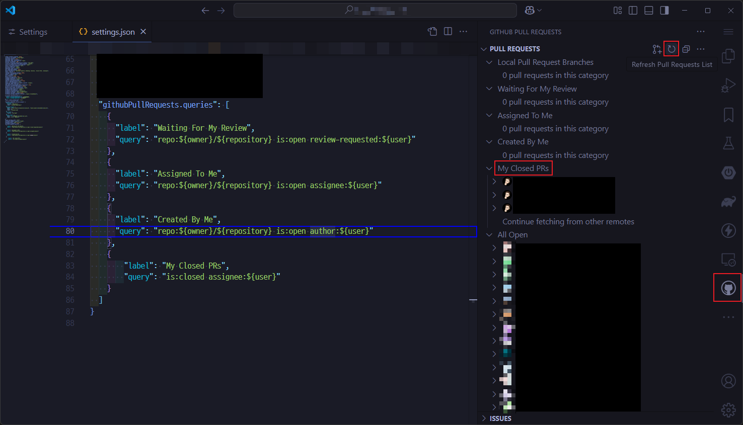 GitHub Pull Requests 설정 settings.json